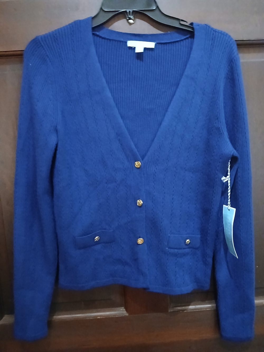 Women's Draper James Blue V-Neck Gold Button Cardigan Sweater Size L NWT